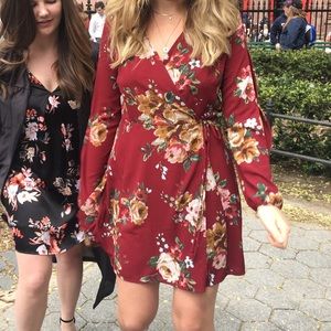 Burgundy floral tie front wrap dress!